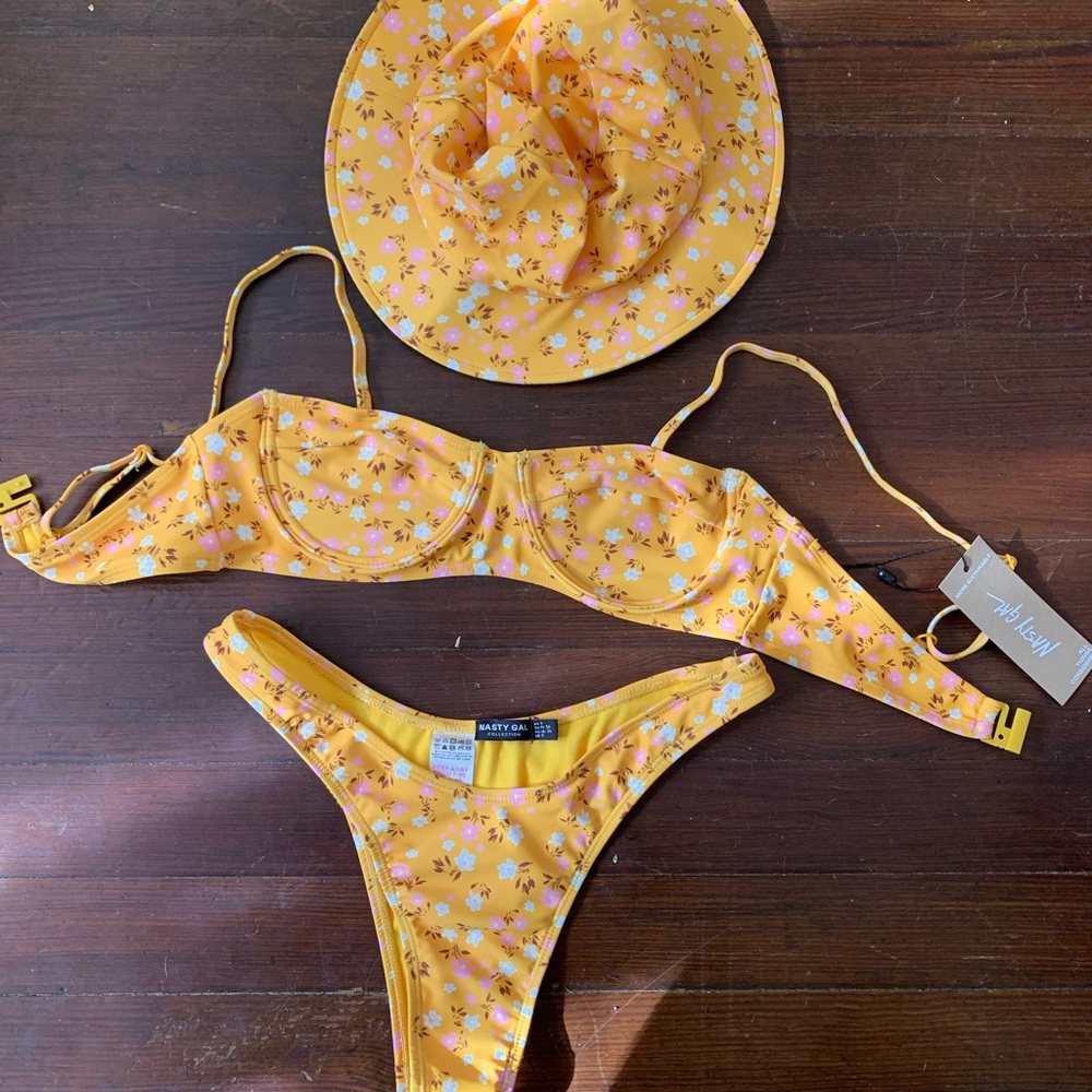 NastyGal yellow floral bikini and bucket hat set